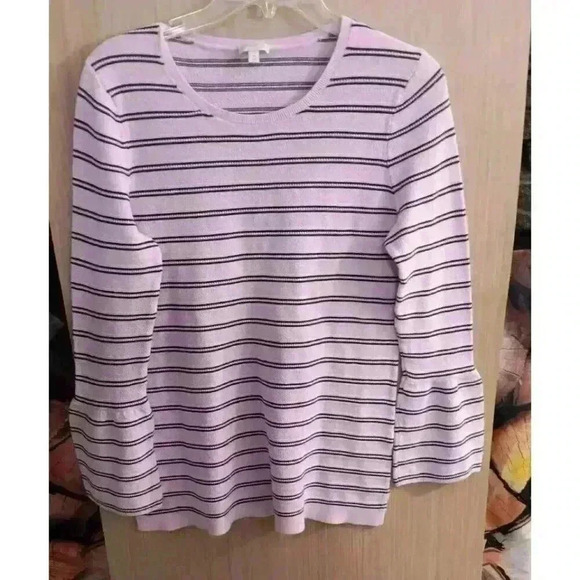 TALBOTS (M) Women's Pink/Black Stripe Pullover Knit Sweater Bell 3/4 Sleeve - Picture 3 of 6